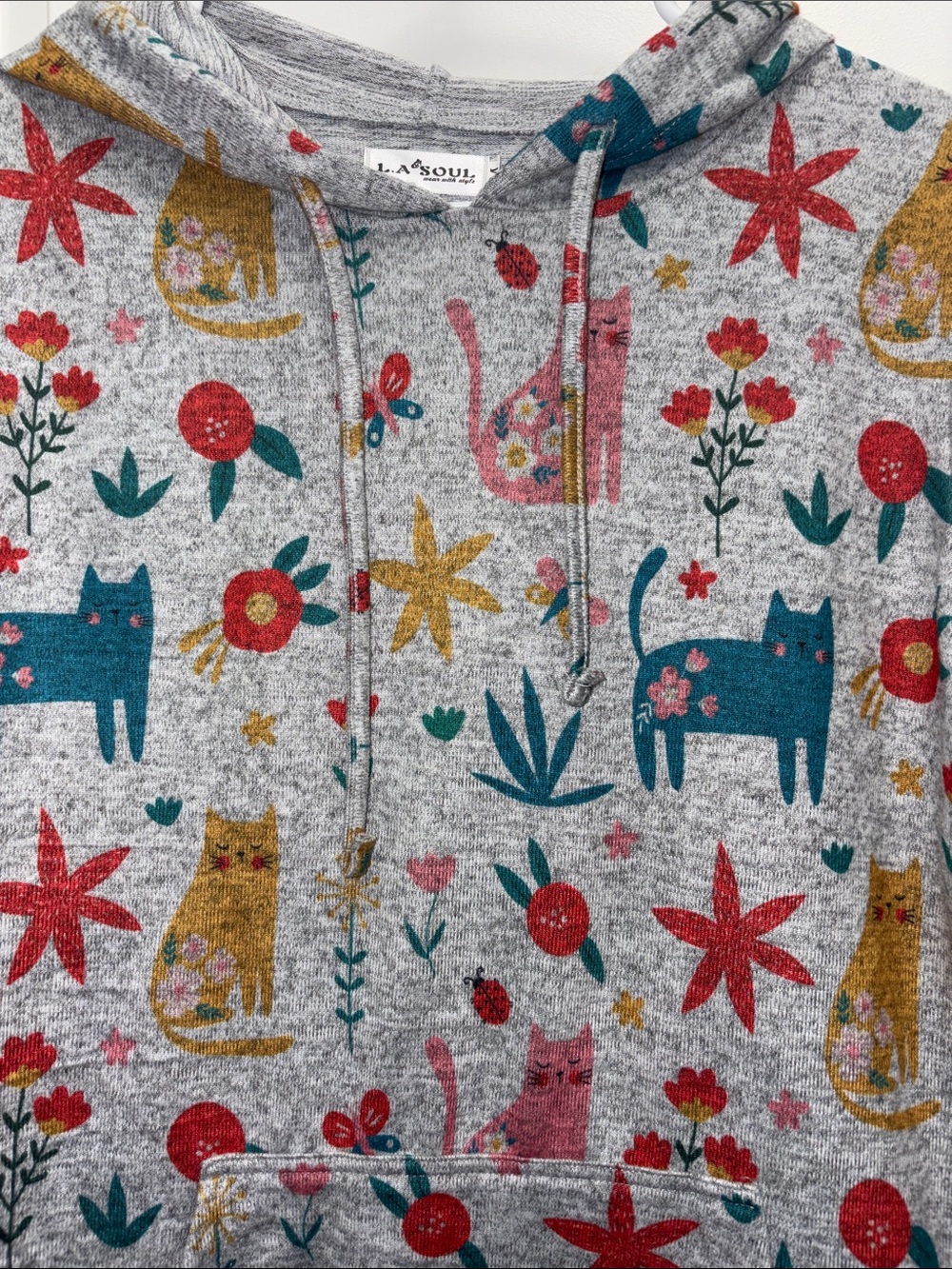 L.A. Soul Cat Floral Print Pullover Hoodie Size Medium - Picture 3 of 7
